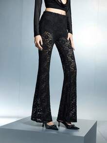 Airlisse Quần legging ren ống loe gợi cảm thời trang Y2K dành cho nữ, phong cách thiên niên kỷ cho mùa xuân/hè. - màu đen - Xem 5