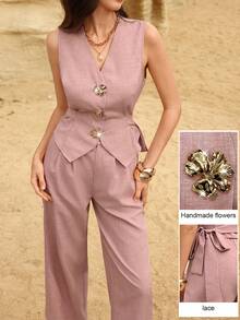 Modelyn 2pcs/Set Women Lady-Like Pink Tie-Up Waist Design Metal Buckle Sleeveless Vest And Wide Leg Pants - Pink - View 4