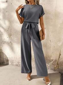 SHEIN Clasi Women's Casual Solid Color Backless Straight Jumpsuit, Summer - Dark Grey - View 7