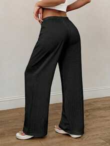 SHEIN PETITE Women's Summer New Knit Texture Casual Pants, Suitable For Vacation Wear, Autumn/Winter Casual Home - Black - View 2