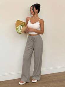 SHEIN PETITE 女士夏季新款针织纹理休闲裤，适合度假穿着，秋冬季居家休闲穿着。 - 灰色 - 查看 6