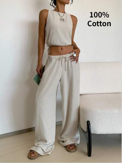 SHEIN EZwear Plus-Size Women's Solid Color Round Neck Vest And Drawstring Waist Trousers Casual Two-Piece Set, Vacation Style, Linen-Like Fabric.