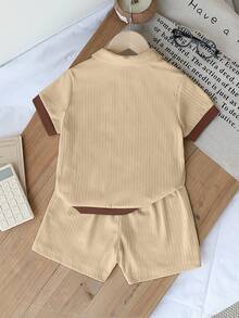 Genkimix Kids 2pcs/Set Young Boys Textured Fabric Contrast Color Cardigan Shirt & Shorts Set - Khaki - View 2
