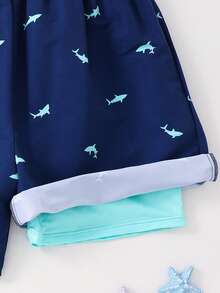 SHEIN 青少年男童休闲度假鲨鱼印花撞色轻薄泳裤，适合海滩度假、海滩活动、泳池派对、春夏穿着。 - 彩色 - 查看 8