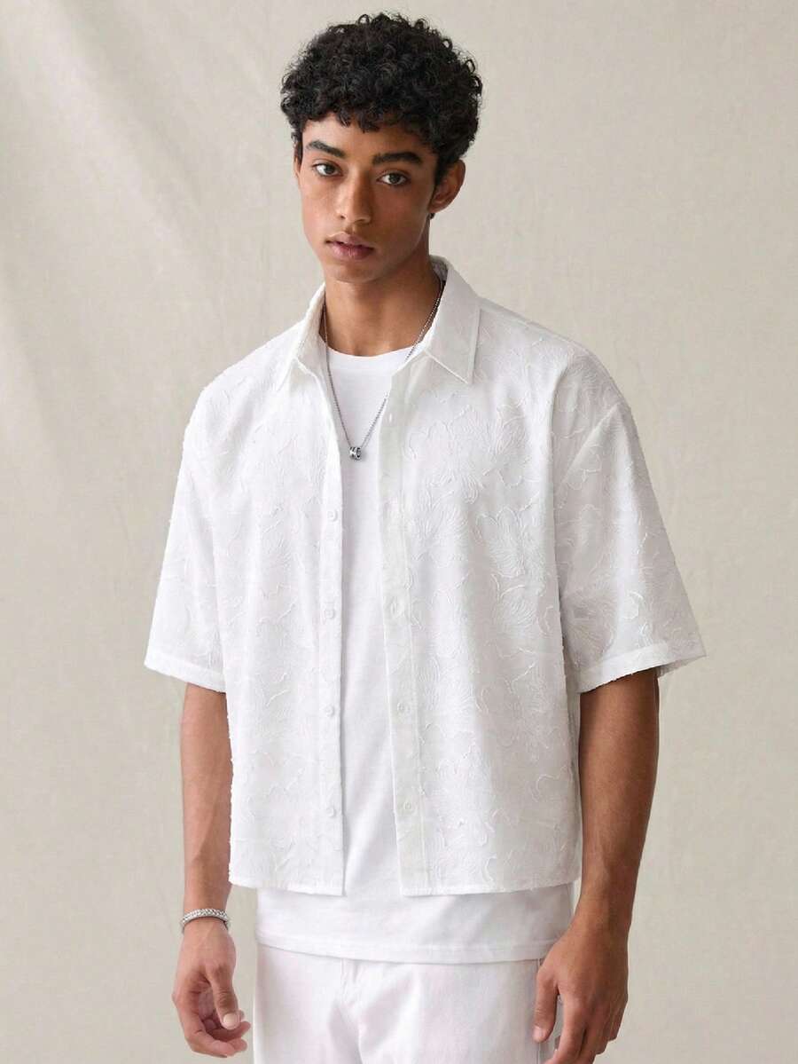 SWAVVY 男士提花图案短袖衬衫，春夏款