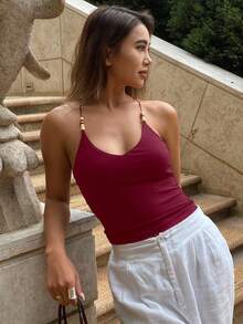 DAZY Women's Beaded Halter Neck Elastic Backless Casual Summer Tank Top - Red - View 5