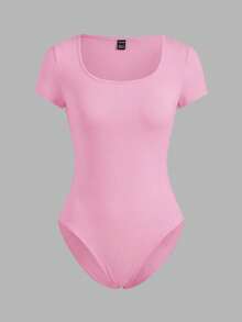 SHEIN EZwear 加大码黑色粉色紧身短袖连体衣两件套，夏季 - 粉色 - 查看 4