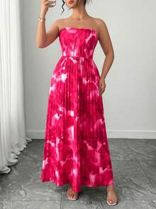 Elenzga 大码女式束腰扎染印花褶裥下摆连衣裙 - 玫紅色 - 查看 3