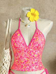 SHEIN Swim 休闲可爱热带碎花夏季度假露背吊带比基尼套装 - 彩色 - 查看 4