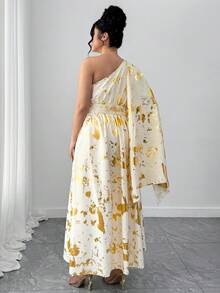 Elenzga Plus Size Women Elegant Asymmetrical Shoulder Cinched Waist Gold Foil Dress - Gold - View 3