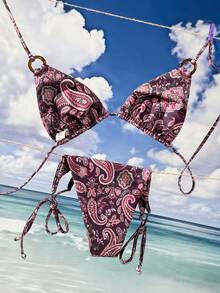 SoleilVie SWIM BOHO Women's Paisley Print Triangle Bikini Set With Tie Side Bottoms - Multicolor - View 7