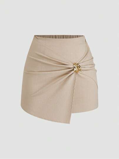 Sweetra Plus Size Women's French Style Casual Elegant Solid Color Pleated Asymmetric Hem Skirt