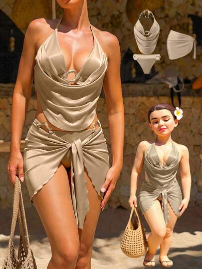 Bonvoyette 女士沙滩度假三件套比基尼，采用闪亮面料、金属装饰、挂脖式、系带式和露背设计