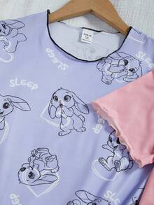 2件套女童卡通印花针织短袖睡衣家居服，春夏款 - 彩色 - 查看 6