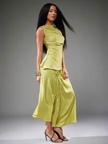 NYA SZN Denise Skirt High Waisted Rise Loose Ruche Cinch Detail Brown Satin Cold Weather Warm Weather Mothers Day Spring Summer Event Special Occasion Party Elegant Luxury Maxi Length For Women - Green - View 4