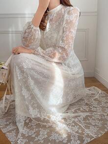FRIFUL Damen Rundhals Kleid mit durchgehender Spitze, bestickter Dekoration, locker geschnittenes A-Linien Sommerkleid in Unifarbe - Aprikosenfarben - Übersicht 6
