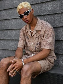 PAVTROS Men's Knitted Jacquard Loose Drop Shoulder Short Sleeve Shirt And Shorts Set, Youthful Street Style - Khaki - View 7