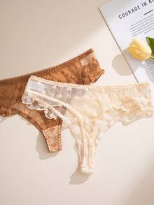 Conjunto de 5 piezas de bragas tipo tanga con volantes de malla jacquard con forma de corazón, una combinación dulce - Multicolor - Ver 8