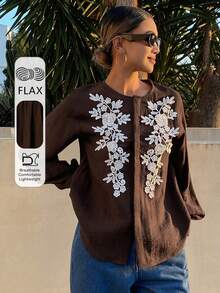 DAZY Áo kiểu nữ cổ tròn phối màu ren, thích hợp mặc đi nghỉ mát mùa xuân/hè. - Cà phê nâu - Xem 1