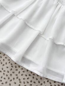 SHEIN 少女休闲度假白色双层褶皱腰部荷叶边下摆半身裙，清新甜美风格 - 白色 - 查看 4