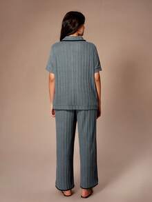 Lazeform 大码V领休闲磨毛短袖上衣和裤子家居服套装，显瘦，春夏款 - 霧霾藍 - 查看 2