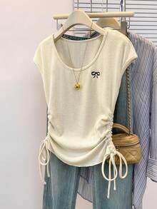 GlowEve Women's Casual Bow Embroidery Side Drawstring Short Sleeve T-Shirt, Summer - Apricot - View 4