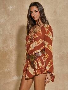 SHEIN BAE Damen V-Ausschnitt Bindeträger Langarm Boho Blume Muster Chiffon Minikleid, geeignet für Strandurlaub, Resortmode, Chiffon bedrucktes Kleid, Boho-Kleid, Musikfestival, ideal für Urlaub, Strand und Küstenmode - Braun - Übersicht 4