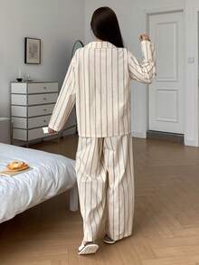 DAZY 条纹猫咪印花宽松女士睡衣套装 - 杏色 - 查看 2