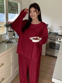 Dazy Plus 2pcs Plus Size Women Elegant Ditsy Floral Loose Pajama Set, Includes Top And Pants, Suitable For Spring, Summer, Autumn - Red - View 4