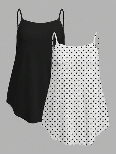 Comfortcana 2pcs Set Casual Minimalist Plus Size Solid Black Camisole Top, Polka Dot Pattern Camisole Top, Summer Spring