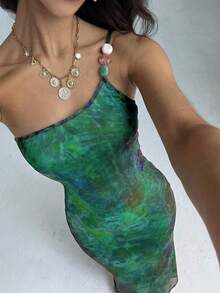 Aloruh Đầm nữ không tay ôm dáng, in họa tiết nhuộm tie-dye, thời trang. - màu xanh lá - Xem 1