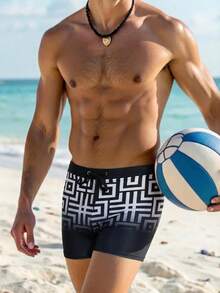 Horizaway 男士几何印花抽绳腰带休闲泳裤 - 黑與白 - 查看 2