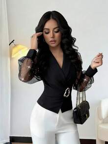 Rafferiza 优雅褶裥交叉V领长袖衬衫，饰有亮片网纱拼接，腰部系带，修身剪裁，适合日常穿着、派对、春夏穿着。 - 黑色 - 查看 3