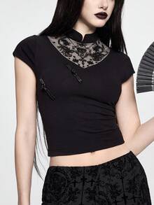 ROMWE Dark Academia Gothic Embroidered Scorpion Women T-Shirt - Black - View 12