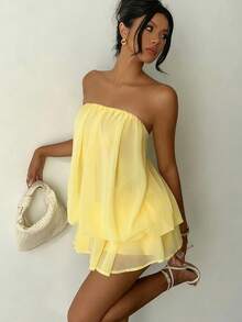 Zolique 奶油黄色无肩带迷你雪纺连衣裙，浅黄色夏日连衣裙，女士约会装，女士夏日连衣裙，蜜月装，婚礼宾客礼服，海岛度假连衣裙，女士吊带裙，优雅派对礼服，女士生日装，女士沙滩装 - 黃色 - 查看 1