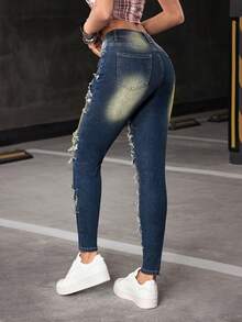 Flirla Women's Fashion Patchwork Y2K Elastic Fitted Sexy Skinny Jeans - Dark Wash - View 3
