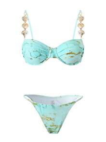 Swim Oasis 夏季三件套女士沙滩装：大理石纹钢圈比基尼上衣、泳裤和裙子，贝壳肩带装饰，金色海星点缀，优雅沙滩装 - 彩色 - 查看 7