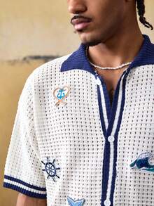 ROMWE MEN Street Life 男士刺绣撞色滚边短袖针织上衣 - 水鴨藍 - 查看 2