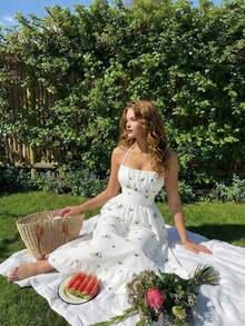 SHEIN MOD 女士浪漫刺绣露背蝴蝶结连衣裙，夏季度假装，西式服装，下午茶会礼服，沙滩装 - 白色 - 查看 4