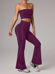 Dewbera Dewbera Ensemble de sport femme avec Top bandeau court et pantalon - Prune - Voir 4
