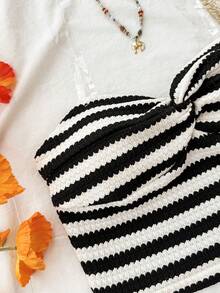 Tween Girls Tank Top Co-Ords 2pcs/Set Vacation Active Red & White Striped Texture Twist Bandeau Top And Super Short Casual Pants, Party, Casual Beach Holiday - Black and White - View 3