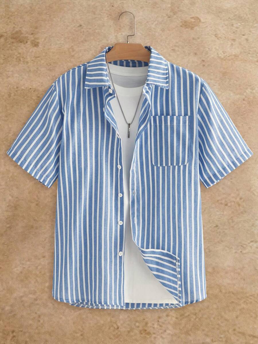 Manfinity VCAY 男士条纹短袖单排扣口袋休闲衬衫