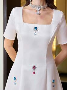 Modelyn Women's Elegant White Summer Rhinestone Square Neck Short Sleeve Dress,Sparkly Colored Birthday Party,Wedding Guest & Bridesmaid Dresses - White - View 4
