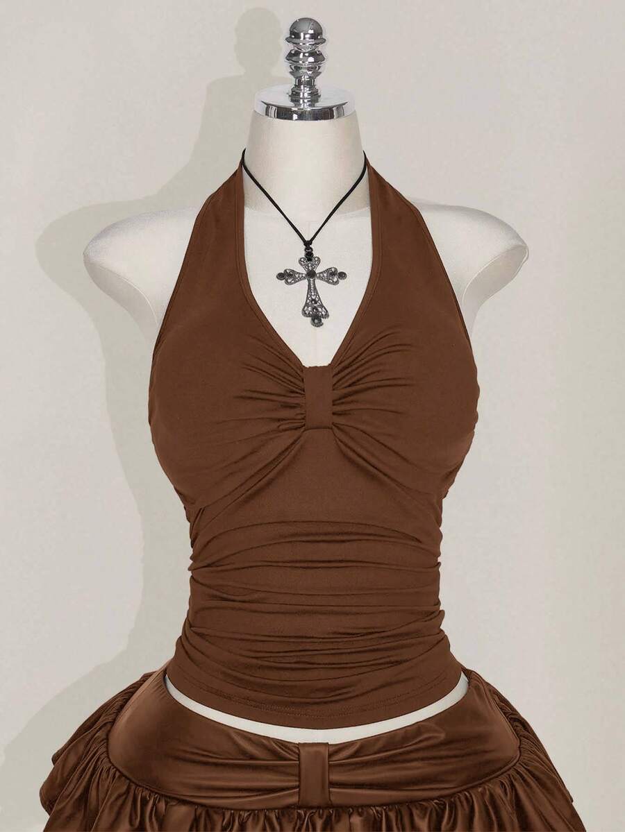 SHEIN ICON 加大码黑色露背吊带褶皱上衣，蝴蝶结，适合度假、音乐节、朋克风 - 棕色 - 查看 1