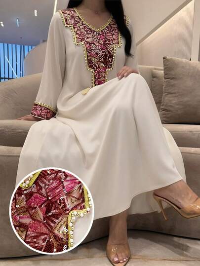 Al Najma 新款优雅V领亮片刺绣修身舒适休闲派对连衣裙