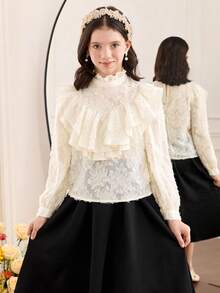 SHEIN Tween Girls Solid Apricot Elegant Delicate Retro Palace Style Stand Collar Ruffle Jacquard Textured Button Flare Sleeve Apricot Blouse, For Daily Wear, Back To School,Tween Girl Clothes,Babydoll Top,White Top,White Shirt,Long Sleeve Tops - Beige - View 5