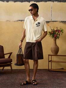 ROMWE MEN Street Life 男士椰子提花短袖单排扣休闲针织上衣 - 米色 - 查看 7