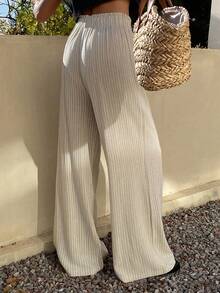 DAZY Striped Elastic Waist Wide Leg Pants, Casual Vacation Summer Trousers For Women - Apricot - View 2