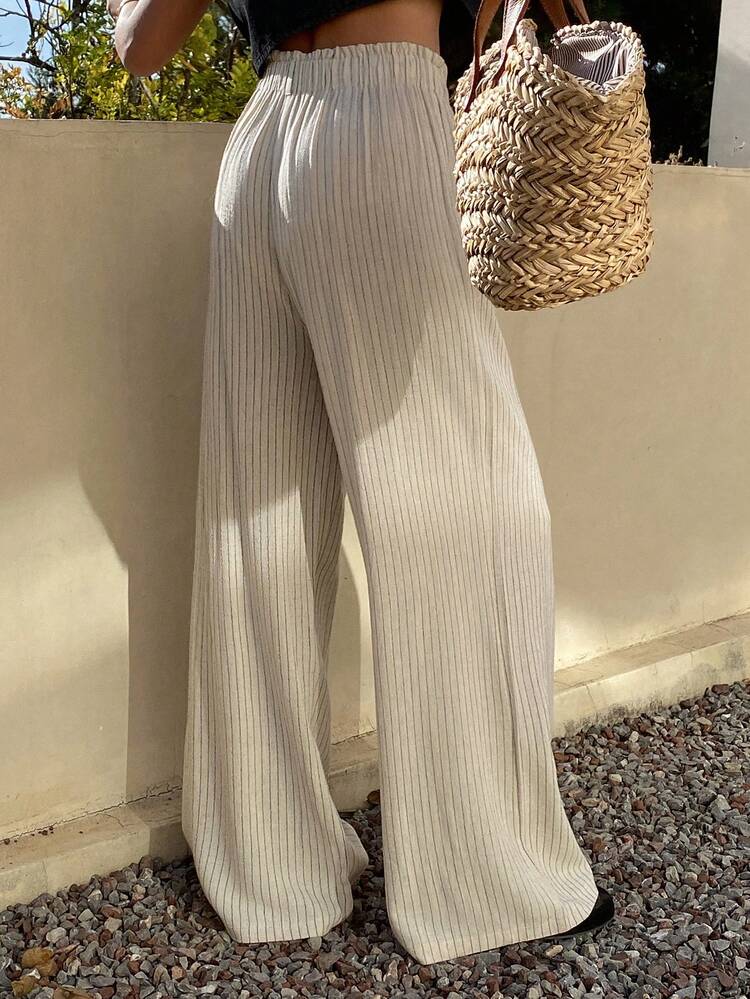 Striped Elastic Waist Wide Leg Pants, Casual Vacation Summer Trousers For Women