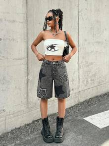 SHEIN 千禧少女街头风撞色星星拼接褪色毛边宽松直筒牛仔短裤，带口袋，适合少女夏季早午餐、毕业典礼、海滩休闲度假、乡村音乐会/锐舞派对、夏季波西米亚风海滩度假等场合。 - 灰色 - 查看 6